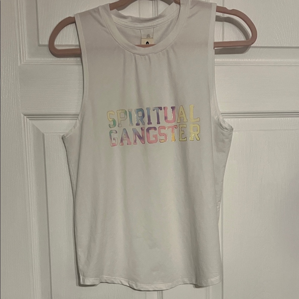 Spiritual Gangster White Muscle Tank with Pastel Rainbow Logo